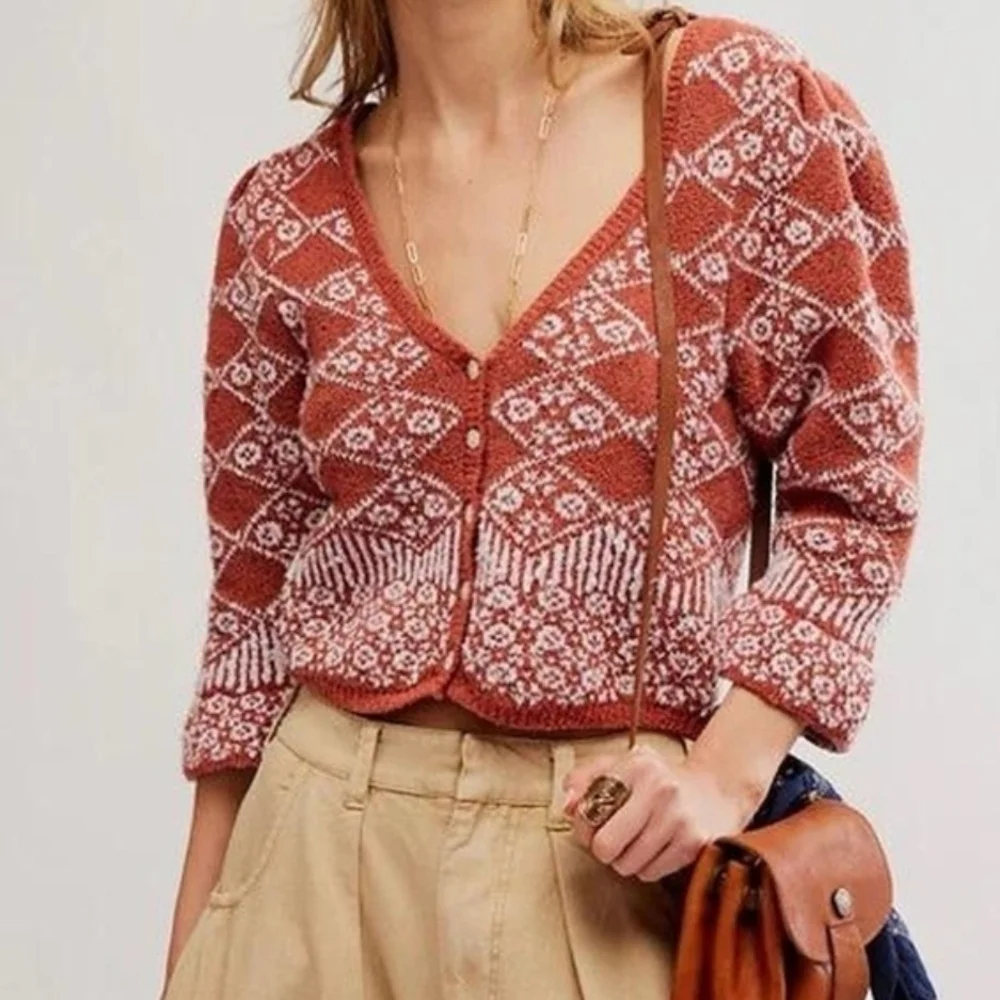 NEW Free People Geo Floral Cropped Cardigan In Terracotta - M, L